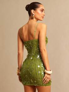 Silquee 女士时尚性感亮片吊带迷你连衣裙 - 軍綠色 - 查看 2