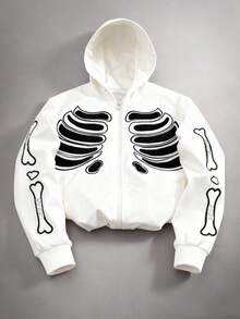 PAVTROS Men's Skeleton Print Zip-Up Casual Hoodie Jacket Zip Up Hoodie Graphic Graphic White Crop Hoodie Graphic Zip Ups Skeleton Jacket - White - View 1