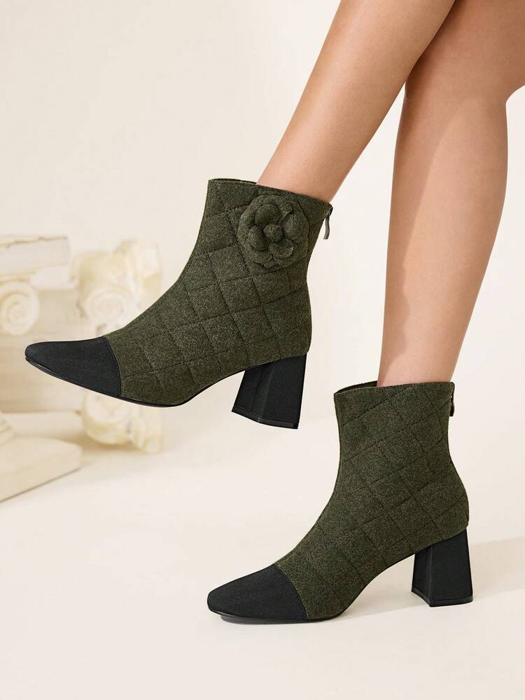 CUCCOO CHICEST Women's Fashionable Elegant Commuter 3D Floral Decor Chunky High Heel Ankle Boots For Christmas