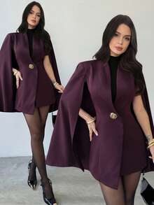 Firerie Women's Elegant Burgundy Autumn Cloak Metallic Poncho Flare Sleeve Vintage Velvet Coat,Party Night Date Christmas New Year Wine Red Dress - Burgundy - View 6