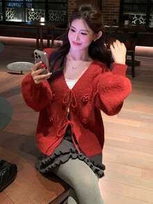 DAZY 女士V领休闲韩版纯色系带长袖开衫 - 紅色 - 查看 3