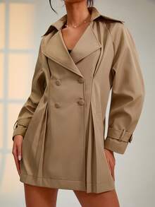 EURMUSE Elegant Chic Women's Beige Double-Breasted Belted Mini Trenchcoat – Long Sleeve, Lapel Collar, Street Style Outerwear,Women's Beige Double-Breasted Belted Mini Trenchcoat – Long Sleeve, Lapel Collar, Street Style - Beige - View 4