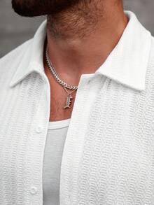 Manfinity CasualCool 男士休闲百搭纯色纹理衬衫 男士白色长袖衬衫 男士纹理衬衫 男士钩针衬衫 - 白色 - 查看 3