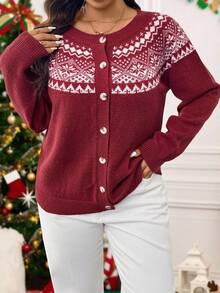 SHEIN LUNE Plus Size Geometric Pattern Front Button Casual Long Sleeve Cardigan Christmas - Multicolor - View 5