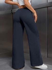 EMERY ROSE Women's Elastic Waist Drawstring Thermal Lined Loose Pants - Navy Blue - View 2