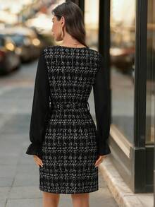 Editum 女式时尚优雅V领粗花呢中长连衣裙