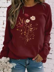EMERY ROSE Dry Flower Embroidery Artistic Style Printed Casual Large-Sized Long-Sleeved T-Shirt - Burgundy - View 1