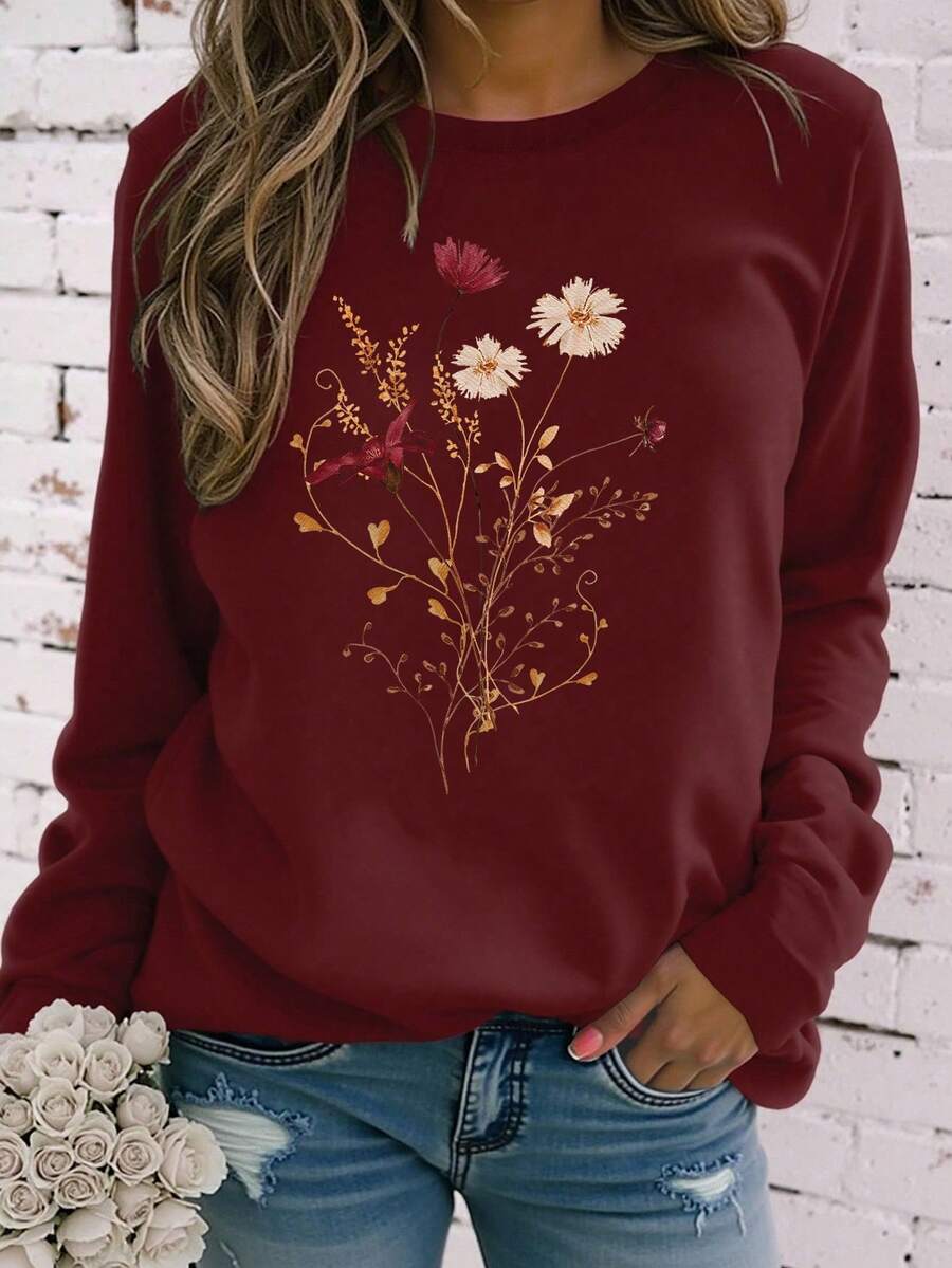 EMERY ROSE Dry Flower Embroidery Artistic Style Printed Casual Large-Sized Long-Sleeved T-Shirt - Burgundy - View 1