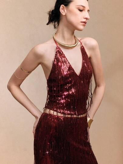 Revavyn Revavyn Áo crop top tua rua buộc dây không tay đính sequin dành cho nữ thiết kế thanh lịch cho đêm hẹn hò