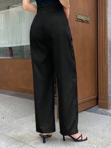 Dazy Tall 高个女式宽松褶裥直筒休闲正装裤 - 黑色 - 查看 2