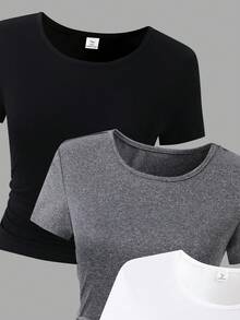 SHEIN ChillGRL Bộ 3 áo thun tay ngắn dệt kim màu trơn đơn giản, thanh lịch, có nút thắt eo, phối đồ đa năng, phù hợp cho thanh thiếu niên và phụ nữ, nhiều màu sắc, ngày lễ tình nhân - Màu xám đen - Xem 5