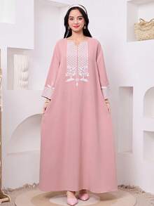 Teen Girl Casual Vacation Retro Print V-Neck Flare Long Sleeve Robe Robe, Pink - Pink - View 5