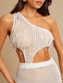 Silquee Women's White Crochet Dress,Pearl Tassel Summer Beach Cover-Up,Casual Holiday Party Vacation Cutout Asymmetrical One-Shoulder Sleeveless Gown - White - View 5