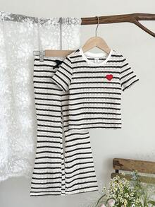 LMoss Kids Set 2 buc tricou și pantaloni casual tricotați cu guler rotund, cu grafică în formă de inimă, pentru fete tinere