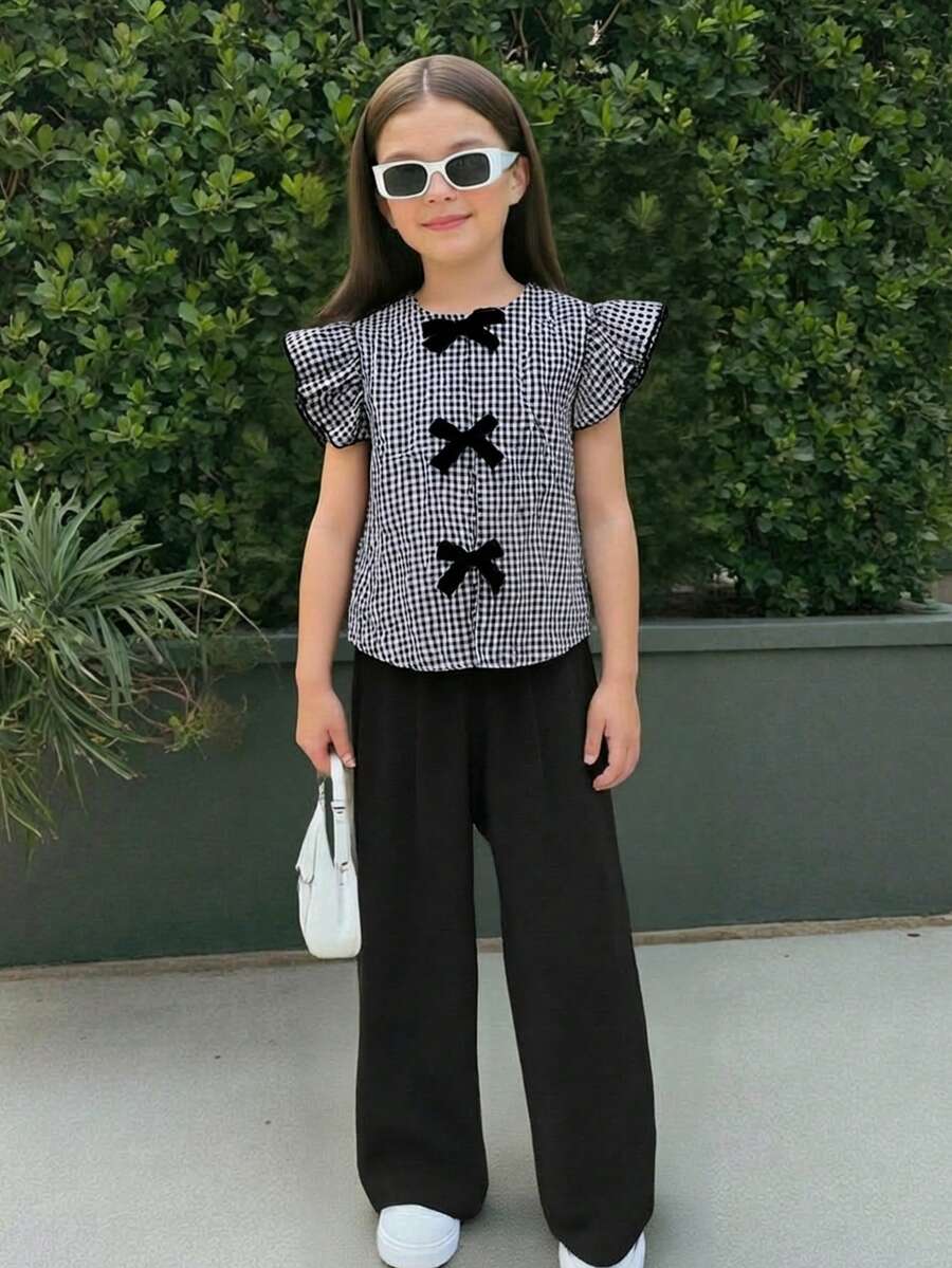 Firerie Kids Tween Girls' Blue Striped Tie-Waist Bow Decor Fitted Long Sleeve Blouse, Casual Vacation Wear, Spring/Summer - Black - View 1