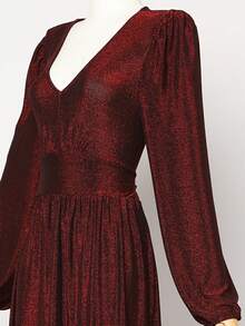 SHEIN LUNE V-Neck Lantern Sleeve Split Design Elegant Party Dress, Waist Cinched Slimming - Red - View 4