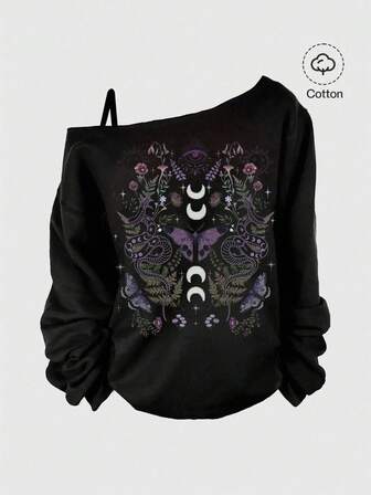 Goth Felpa oversize gotica e misteriosa con stampe di falene, serpenti, sole, luna, stelle e farfalle