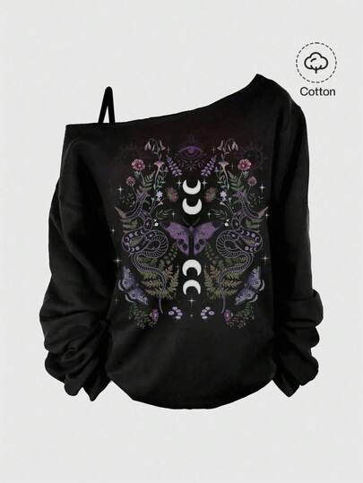 Plus Size Gothic Mysterious Moth Snake Sun Moon Star Butterfly Loose Fit Shoulder Sweatshirt