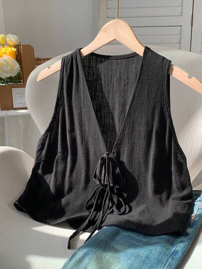 Comfortcana Women's Summer Casual Tie-Front Sleeveless Shirt, Minimalist Design