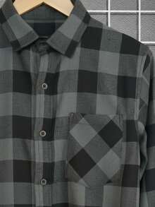 Camisa masculina estilo vintage cuadritos americana, algodón cómodo y suave, sin estampado, corte holgado, de manga larga, ideal para otoño e invierno, fácil de combinar en uso diario y casual - Negro - Ver 4