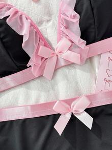 PetitDoll 2pcs Women Colorblock Bow Decor Ruffle Trim Lingerie Set - Black - View 3