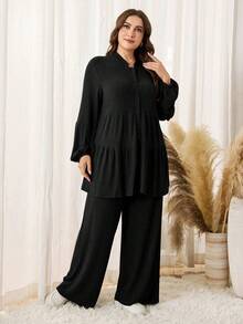 Lacomfia Bộ 2 món áo dài tay trơn màu tối giản cho nữ cỡ lớn và quần dài - màu đen - Xem 6