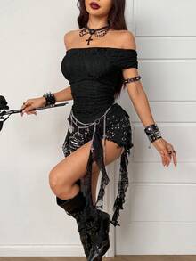 Coolane 女士休闲音乐节露肩网纱荷叶边不对称下摆上衣 - 黑色 - 查看 2