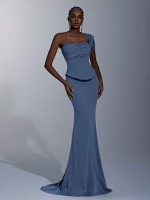 Elitara Elegant, Romantic, Fashionable, Dignified, Military Green, Stretchy Fabric, Waist-Cinching 2 In 1, Strapless, Mermaid Hem, Trailing, Stylish, Festival, Vacation, Birthday Party, Wedding Event, Formal Gala Dress (Luxury Edition) - Dusty Blue - View 4