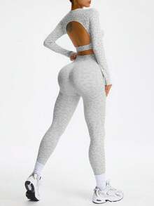 Dewbera 女士豹纹露背长袖T恤和紧身裤灰色和白色无缝运动套装 - 淺灰色 - 查看 8