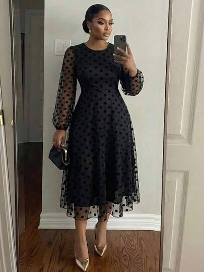 SHEIN Lady Elegant Dresses For Women Elegant Dresses For Party Long Party Dresses Black Dress Luxury Evening Dresses For Women One-Piece Dress Ladies Autumn Winter Christmas Party Dresses For Women Autumn Winter Black Dress Plus Size Elegant Polka Dot Mesh Lantern Sleeve Dress, Suitable For Commuting Black Polka Dot Dress Elegant Midi Dress Long Sleeve Elegant Dress