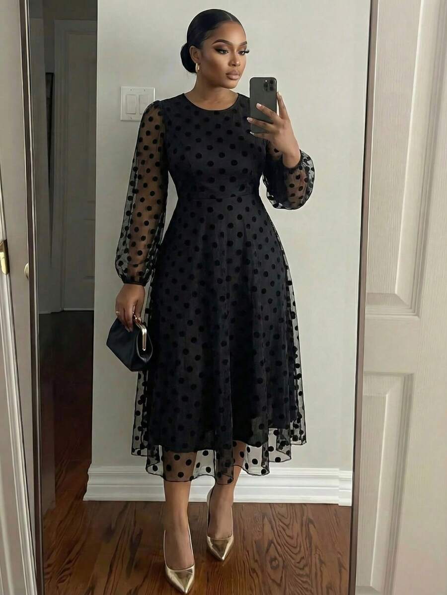 SHEIN Lady 大码优雅波尔卡圆点网眼灯笼袖连衣裙，适合通勤