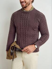 Manfinity Homme Men's Casual Cable Pattern Crew Neck Long Sleeve Sweater, Autumn/Winter - Brown - View 4