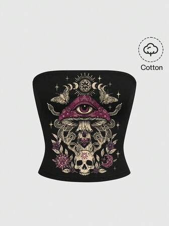 Goth Top tubo negro con estilo gótico con diseños de hongos, ojos, luna, sol, estrellas, mariposas, murciélagos y flores para mujeres