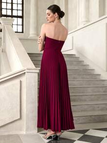 SHEIN Elenzya Váy suông cổ chữ V nhún bèo lãng mạn thanh lịch, eo ôm vừa vặn, đính ngọc trai tinh tế, thích hợp cho ngày lễ tình nhân, buổi hòa nhạc - Màu Đỏ Sâu - Xem 2