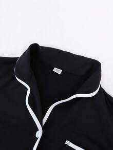 Teenage Boys/Men's Casual White Stripe Trim Sleeve & Collar Short Sleeve Top And Pants Loungewear Set, Milk Silk Fabric - Black - View 4