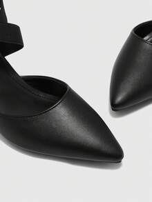 CUCCOO BIZCHIC Women's Fashion Black Elastic Combination Ankle Strap Pointed Toe Chunky High Heel Pumps, Suitable For Commuting, Dating, Party, Wedding, Holiday, Hollow Out - Black - View 8