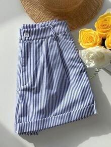 Comfortcana Quần short sọc xếp ly cuộn gấu rộng thoải mái cho nữ - Xanh và trắng - Xem 5