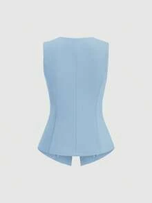 Sweetra Tall Top sin mangas minimalista y básico de mujer alta con botones grandes de metal estilo francés - Azul - Ver 2