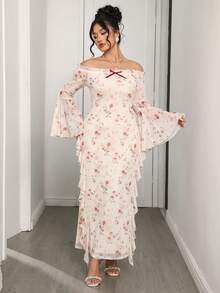 Modelyn Robe élégante pour femmes grandes tailles avec imprimé floral, épaules dénudées, volants et manches évasées ajustées - Multicolore - Voir 4