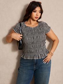 Elaquor Plus Size Summer Casual Plaid Slim Fit Shirt - Black and White - View 4