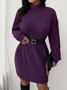 SHEIN Frenchy Casual Minimalist Turtleneck Ribbed Brushed Dress, Plus Size, Suitable For Leisure And Home, Autumn/Winter - Red Violet - View 5
