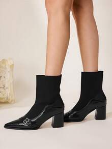 CUCCOO CHICEST Women's Pointed Toe Buckle Design Fashion Daily Wear High Heel Mid-Calf Boots - Black - View 4