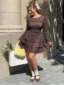 SHEIN EZwear 大码女式波点荷叶边收腰长袖连衣裙 - 棕色 - 查看 4