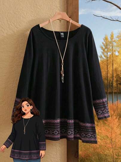 Rusticease 大码女式节日拼布几何印花圆领长袖休闲 T 恤