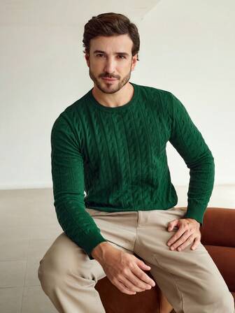 Manfinity CityGents Men's Casual Solid Color Crew Neck Long Sleeve Sweater Green Sweater