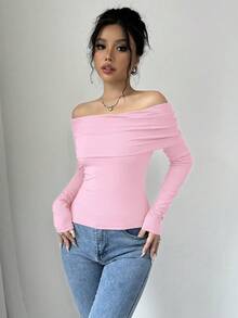 Elenzga Blusa de mujer de unicolor con hombros descubiertos, manga larga, fruncida y ajustada con estilo - Rosa - Ver 4
