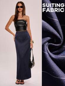 Avenya Navy Blue Wide Striped Sleeve Top & EleganSkirtrt Set - Navy Blue - View 1