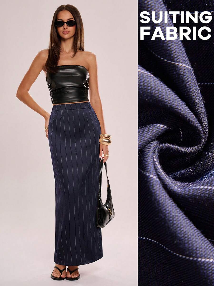 Avenya Navy Blue Wide Striped Sleeve Top & EleganSkirtrt Set - Navy Blue - View 1