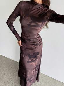 SHEIN Tall Đầm dài tay ôm dáng, màu nâu nhuộm hoa, thích hợp cho các sự kiện trang trọng, hẹn hò và trang phục thường ngày mùa xuân hè. - màu nâu - Xem 6