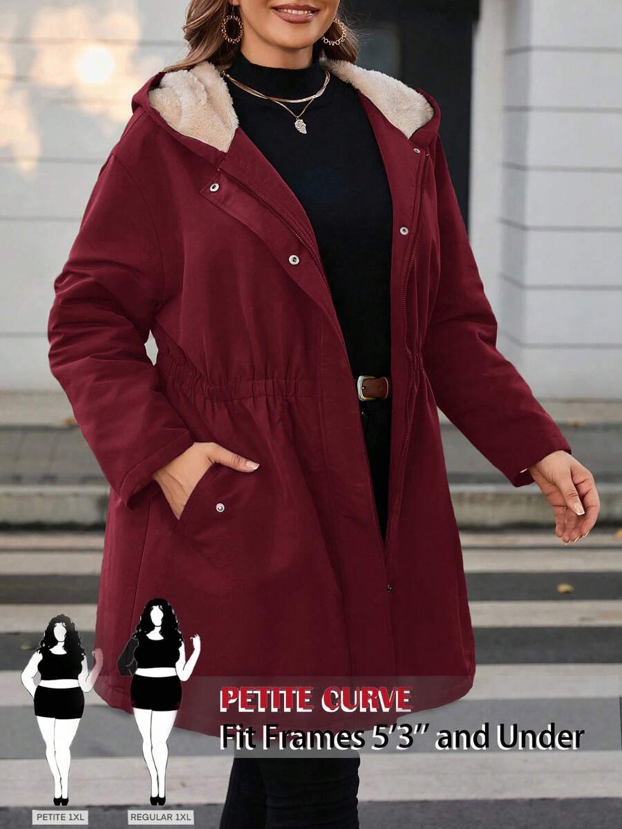 SHEIN PETITE CURVE Plus Size Waisted Hooded Fleece Jacket With Pocket - Burgundy - View 1